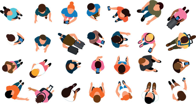  Top view people vector set with birds eye view crowd characters walking and holding smartphones
