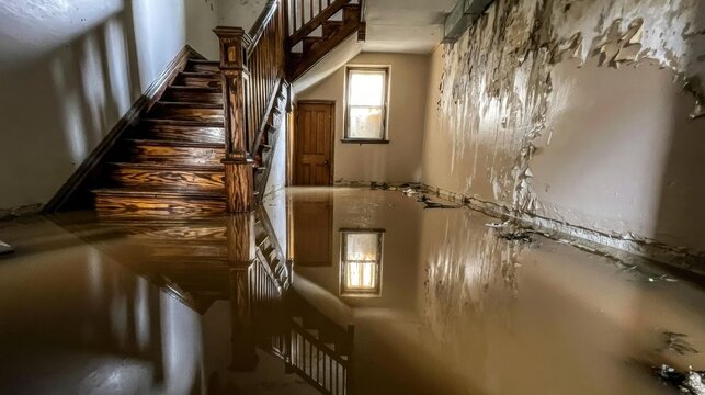 Flooded interior of old house with wooden staircase and damaged peeling wall reflecting in murky brown floodwater during daytime