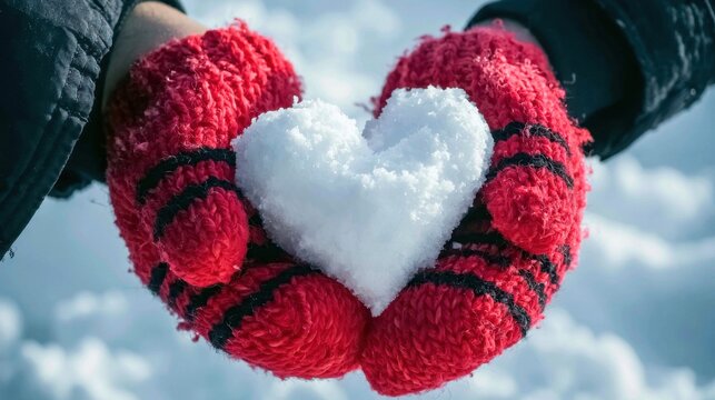 Close-up of hands wearing red knit gloves holding a heart-shaped snowball with a blurred snowy background in winter outdoor scene