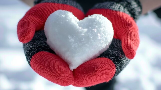 Close-up of hands wearing warm red and black knit gloves holding a heart-shaped snow ball in a winter outdoor setting with bright natural light and blurred background