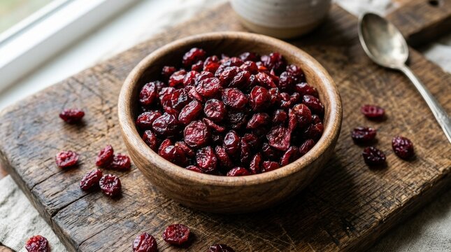 A small wooden bowl overflowing with vibrant dried cranberries sits atop a rustic weathered wooden cutting board next to a vintage silver spoon