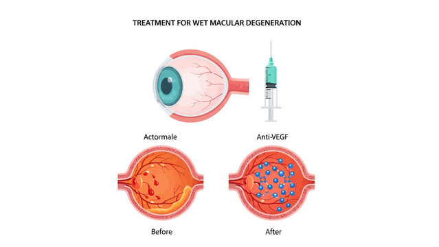 Medical Eye Treatment Diagram. Wet macular degeneration illustration showing Anti-VEGF injection and before-after retinal comparison. Ideal for ophthalmology education and healthcare.