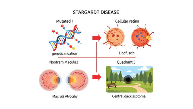Stargardt Disease Medical Infographic with DNA mutation and vision loss simulation ideal for ophthalmology education and medical presentations.