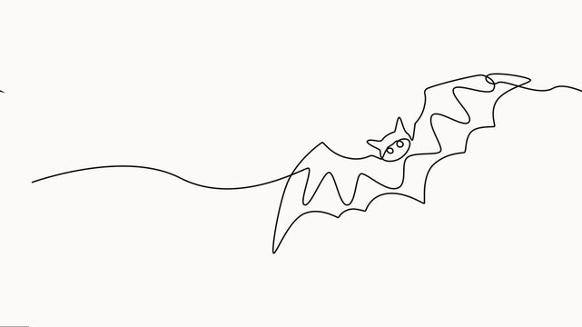 Self animated minimalist line art illustration of a flying bat, created using a single continuous black line, Flying Creature Abstract Design animal wildlife vector, motion graphic vector.