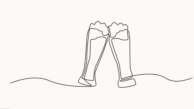 Self-drawing animation one continuous line draw, logo, Abstract glass beer, beer animation one line continuous. Line art glasses of beer. Hand-drawn vector art