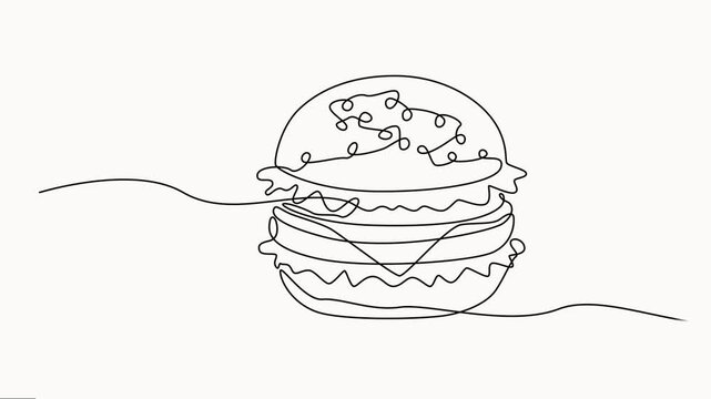 Animated self drawing of continuous one line of delicious sandwich burger fast food restaurant burger with cheese, cutlet and salad. Full-length one-line animation.