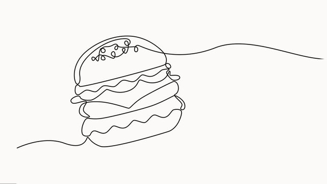 Animated self drawing of continuous one line of delicious sandwich burger fast food restaurant burger with cheese, cutlet and salad. Full-length one-line animation.
