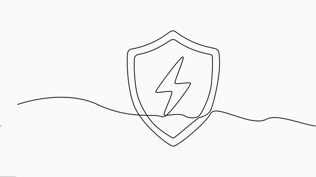  power sign in shield continuous one line drawing video, Protect linear symbol video. Full-length one-line animation, vector on white background.