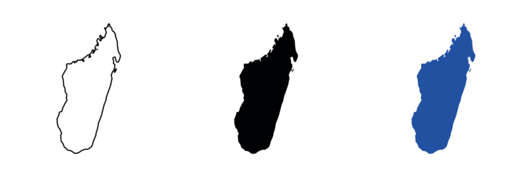 Madagascar map outline, silhouette, and blue shape on white background