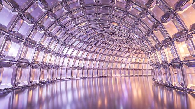 Abstract purple crystal glass block tunnel interior.