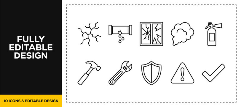 flat vector illustration line art icon bundle set design representing building repairs house window fixes pipe plumbing home constructions fixing tool and maintenance UI