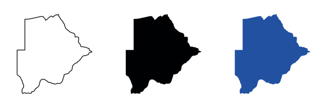 Outline and solid map silhouettes of Botswana in black and blue