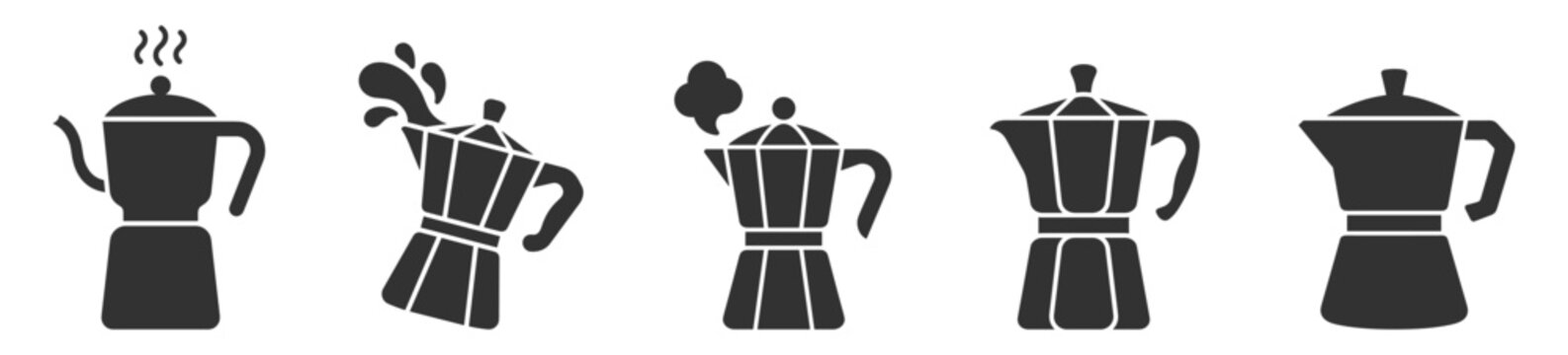 set of moka pot coffee makers black silhouettes kitchen utensils coffee brewing appliances on transparent background