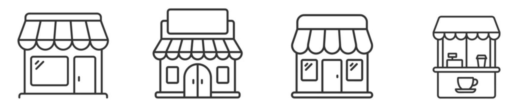 set of four thin line store front icons including shop, cafe, and market stalls on transparent background