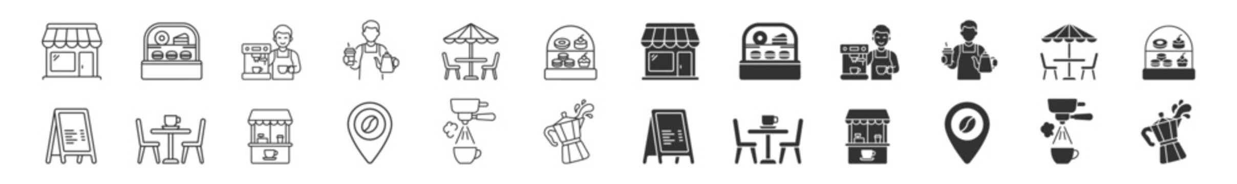 coffee shop icon set with barista espresso machine outdoor table cafe stand and menu board on transparent background