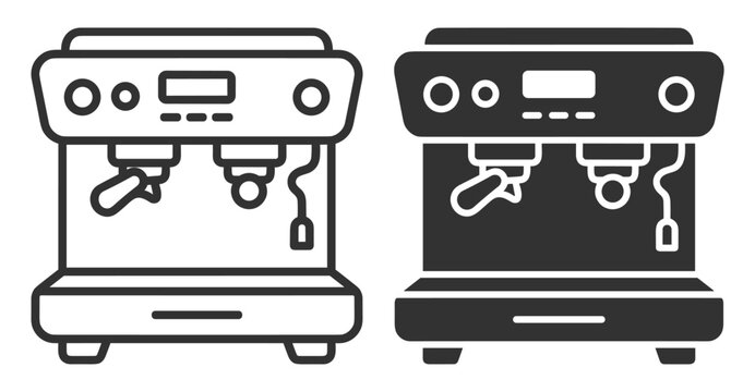 espresso coffee machine outline and solid icon set vector illustration on transparent background