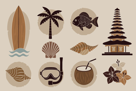 Vintage beach and surf icon set featuring a surfboard, palm tree, tropical fish, and a traditional temple.