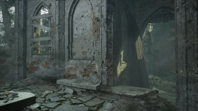 Crumbling walls and shattered windows tell stories of a long lost place. Mist blankets the ground, casting an eerie glow in the fading light of dusk, as nature slowly reclaims the space.