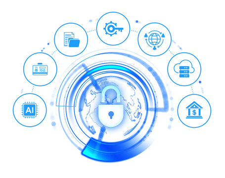 Digital security lock with global tech icons and data protection symbols arranged around a world map on a bright futuristic background illustrating cybersecurity concept. 3D Rendering