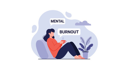 Obraz premium A woman sits on the floor with a cup of tea, leaning against a sofa while speech bubbles highlight her state of mental burnout and exhaustion.