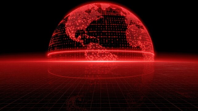 Futuristic digital globe with red glowing grid lines and data points representing global network, technology, and digital communication concept on black background