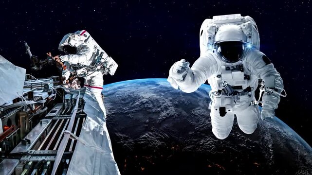 Astronauts Performing Spacewalk with Earth in Background