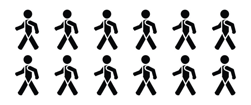 Walking person silhouette icons, animation cycle front side poses human movement and minimalist infographic vector illustration