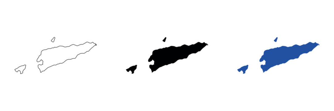 Outline and solid map silhouettes of Timor Leste and surrounding islands