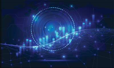 Obraz premium Futuristic financial stock market chart, digital trading data visualization with glowing blue bar graphs, high-tech global economy background vector