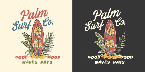 Vintage Tropical Surfboard with Hibiscus Flowers and Palm Leaves. Beach Surf Lifestyle Summer Vacation Hand Drawn Retro Design Vector Illustration © Jovi MIng
