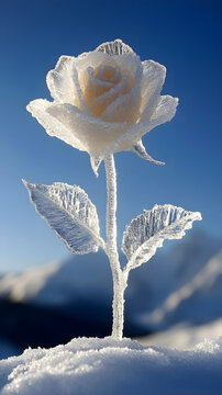 Rose flower made of delicate ice crystals stands upright in a snowy mountain landscape under a clear blue sky.