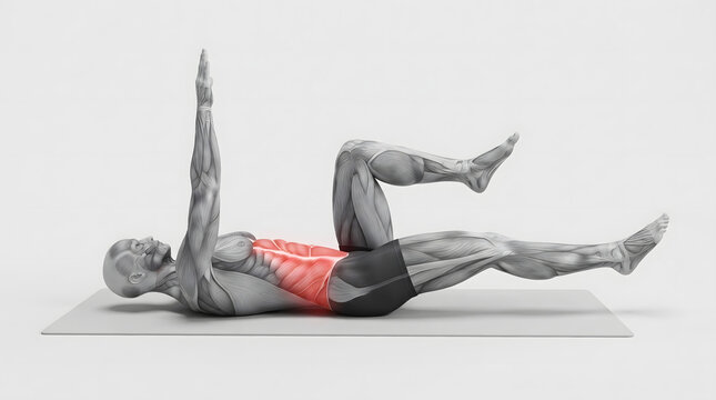 Anatomical illustration of a man doing the dead bug core exercise on a mat, showing the active abdominal muscles highlighted in red