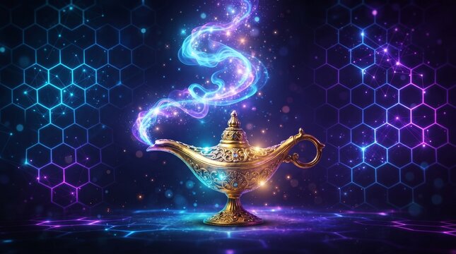 Magic Genie Lamp with Glowing Mystical Smoke on Futuristic Neon Background