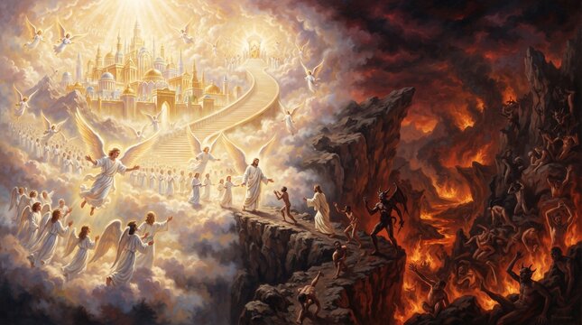 Heaven and Hell Concept with Angels, Demons, Divine Light and Eternal Judgment