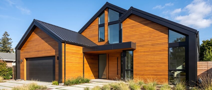 Modern luxury house exterior with wood siding and black metal roof