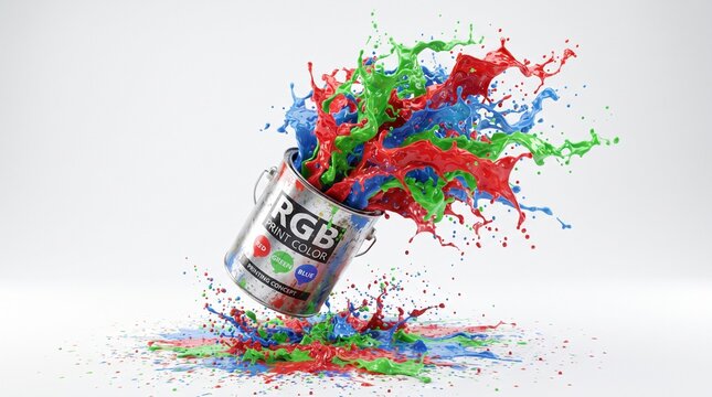 A vibrant RGB paint can explodes in a colorful messy splatter