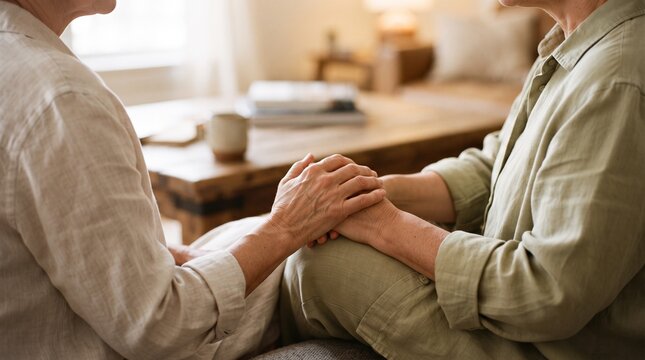 A close-up, warm-toned photograph showing two people sitting together, with one person gently holding and comforting the other person's hand.