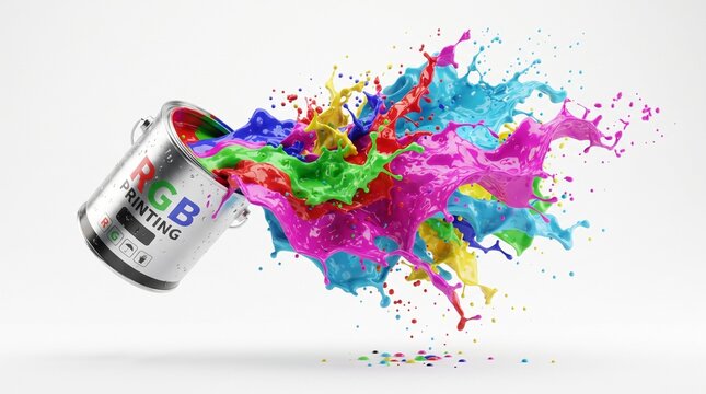 A paint can explodes in a vibrant splash of colorful ink