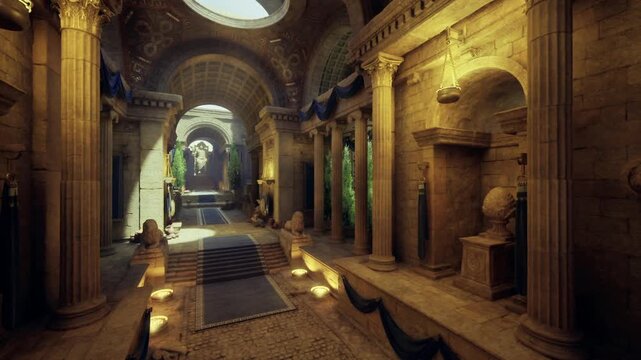 Sunlit marble corridor with columns, statue at end. Warm golden light filters through skylight onto blue carpet and stone floor, creating reflective pools