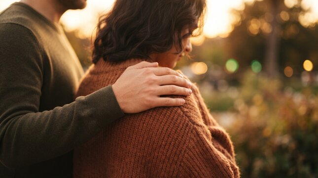 ​A close-up shot of a man gently placing his hand on a woman's shoulder from behind, offering comfort and support.