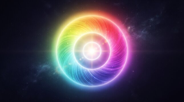 Vibrant rainbow spiral light. Colorful neon swirl pattern. Abstract cosmic design