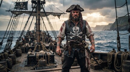 Naklejka premium Pirate captain standing on ship deck. Swashbuckling buccaneer in pirate costume. Maritime adventurer at sea