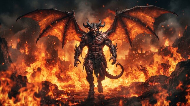Dark fantasy demon standing in flames. Mythical creature in hellfire. Horror monster in a burning landscape.