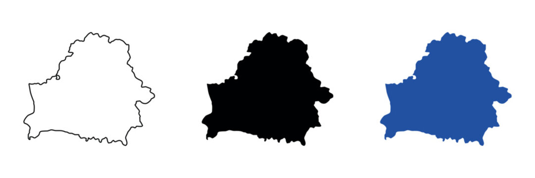 Outline map of Belarus in three styles: black and white, solid black, and blue