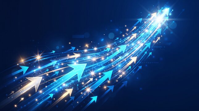 Blue arrows moving upward. Glowing arrows pointing to success. Business growth concept.