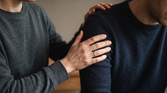​A close-up shot of a person placing a comforting hand on another person's arm and shoulder, offering emotional support, empathy, or reassurance during a difficult moment.
