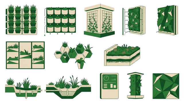 Vertical Garden Icons with Living Wall Green Roof Bioswale Moss Panel Trellis Planter