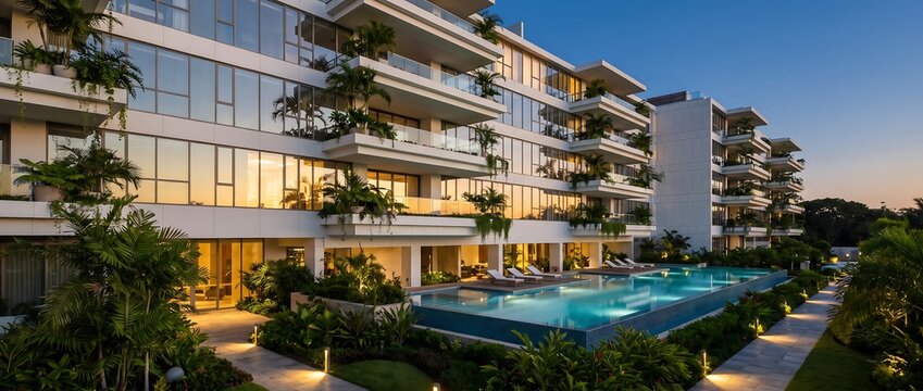Modern luxury apartment building with a swimming pool and lush tropical landscaping at sunset