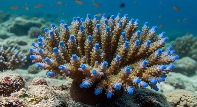 Acropora coral with blue polyps growing on reef seabed during clear daylight