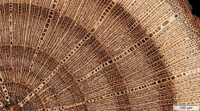 Microscopic cross section of tree wood showing ring growth patterns